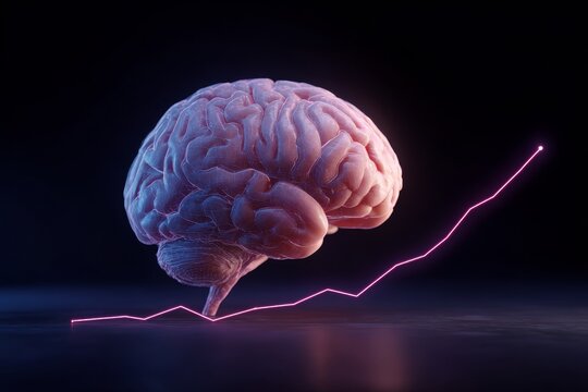 Visual representation of brain activity growth with a rising graph line in a dark setting