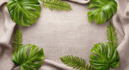 A neutral background framed by tropical leaves.