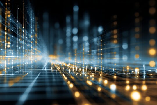 Digital network of glowing data lines and points shows the flow of information in a futuristic setting at night