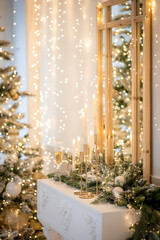festive decorations: Christmas tree lights, candles, a Christmas tree, a wooden-framed mirror, and white and green ornaments.