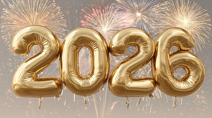 Golden balloon numbers form the year 2026, celebrate future with fireworks in a festive display of new beginnings. a symbolic representation of hope. 