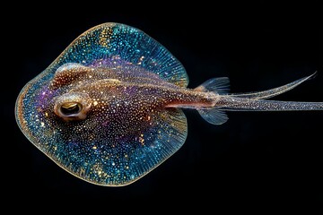 Colorful stingray gliding through the ocean depths, showcasing its vibrant patterns and unique form at night