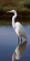 Obraz premium Great egret standing in calm water with reflection on a tranquil day