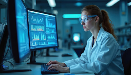 Female scientist in lab coat, protective glasses works on computer with large monitor. Analyzes data from experiments in chemical laboratory. Scientist processes information on screen with graphs,