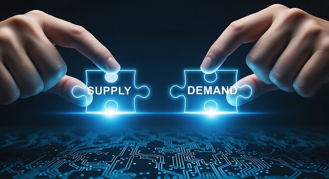Fingers connecting two glowing puzzle pieces with the words supply and demand on a dark background with circuit board pattern