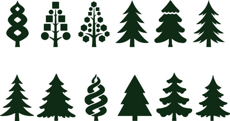 Modern Minimalist Christmas Tree Vector Icon Collection - Geometric Abstract Pine Tree Silhouettes Set