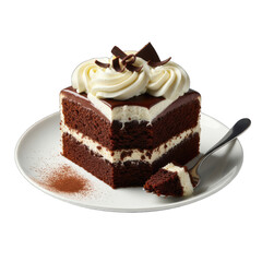Rich chocolate cake with white cream frosting and chocolate shavings on a white plate with a fork and cocoa powder scattered beside it isolated on black background studio lighting