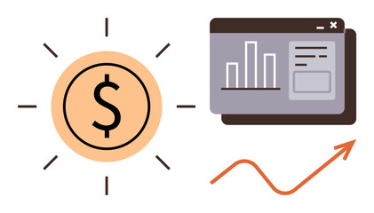 Dollar sign radiating success, financial dashboard showing analytics, and rising curve representing growth. Ideal for finance, business planning, success, investment, economy, analysis