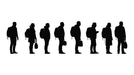 Silhouettes of people with backpacks and bags isolated on white background, Vector