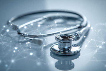Metallic stethoscope resting on smooth surface with glowing network connections symbolizing modern healthcare technology and digital medical innovation