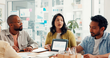 Tablet, meeting and business people with research, kpi report and data analysis in office. Team, startup and workers on digital tech with graph, statistics and seo review for website growth on screen