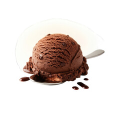 Rich Dark Chocolate Ice Cream Scoop with Chocolate Chips Melting Slightly on a Spoon Isolated on White Background