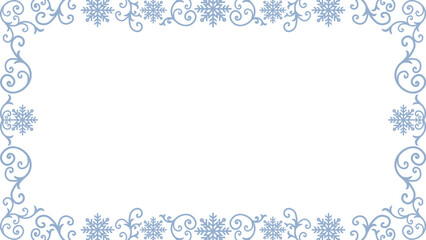 Horizontal white and blue Christmas background/template featuring a decorative, elegant border of beige/cream swirling vines, traditional scrollwork, and intricate snowflakes