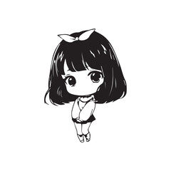 Beautiful Kawaii Girl Black and White Vector Illustration in Cute Simple Line Art Style