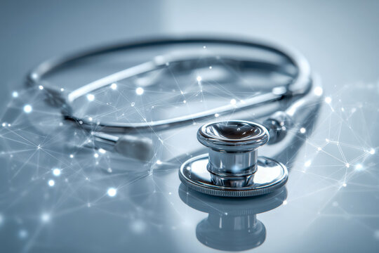 Metallic stethoscope resting on smooth surface with glowing network connections symbolizing modern healthcare technology and digital medical innovation - Powered by Adobe