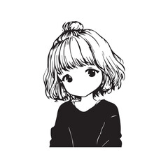 Beautiful Kawaii Girl Black and White Vector Illustration in Cute Simple Line Art Style