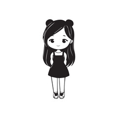 Beautiful Kawaii Girl Black and White Vector Illustration in Cute Simple Line Art Style