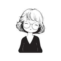 Beautiful Kawaii Girl Black and White Vector Illustration in Cute Simple Line Art Style