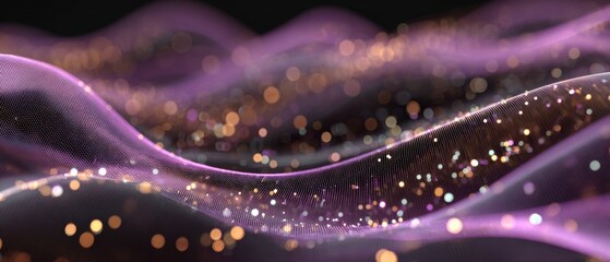 Vibrant waveforms blending art, tech, and science. Revenue trends. Gentle shift of gradient particles and delicate bokeh. Sales data. Financial report.