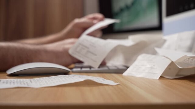 Mouse and keyboard sit on a desk covered with scattered receipts as hands type in this video. It illustrates data entry, bookkeeping and bill management.