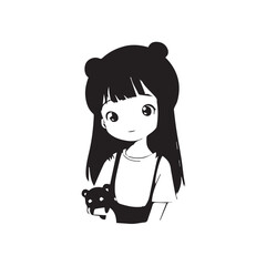 Beautiful Kawaii Girl Black and White Vector Illustration in Cute Simple Line Art Style