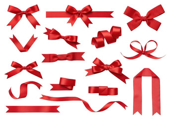 Collection of red ribbons and bows isolated on white background