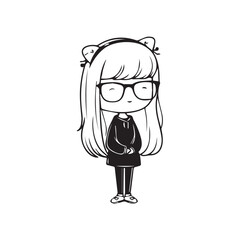 Beautiful Kawaii Girl Black and White Vector Illustration in Cute Simple Line Art Style