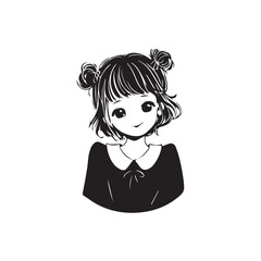 Beautiful Kawaii Girl Black and White Vector Illustration in Cute Simple Line Art Style