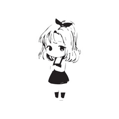 Beautiful Kawaii Girl Black and White Vector Illustration in Cute Simple Line Art Style