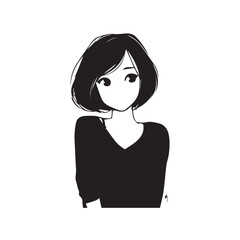 Beautiful Kawaii Girl Black and White Vector Illustration in Cute Simple Line Art Style