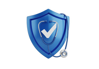 Blue shield with stethoscope and check mark isolated on white background