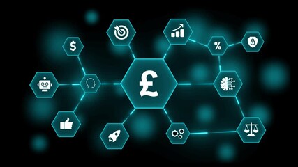 British Pound cryptocurrency network with interconnected digital icons representing finance and technology on a dark background Keywords: British Pound, currency, cryptocurrency, network, digital - Powered by Adobe