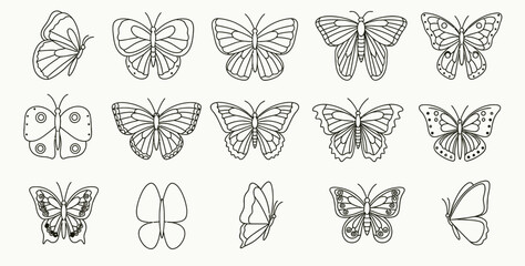 Collection of intricate line art butterfly illustrations in various poses