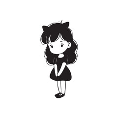 Beautiful Kawaii Girl Black and White Vector Illustration in Cute Simple Line Art Style