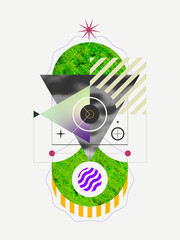 Modern abstract minimalist collage with geometric shapes and various textures, white background