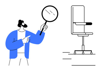 Person in blue jacket holding magnifying glass, studying office chair. Ideal for recruitment, job search, evaluation, workplace, analysis, problem-solving career. Simple flat metaphor