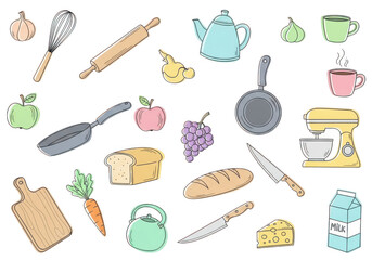 Collection of kitchen utensils and food items isolated on white background