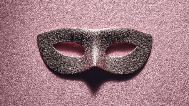 Close up of an ornate Venetian masquerade mask, adorned with scattered glitter, set against a textured rose gold sparkly surface, creating a luxurious and festive atmosphere.