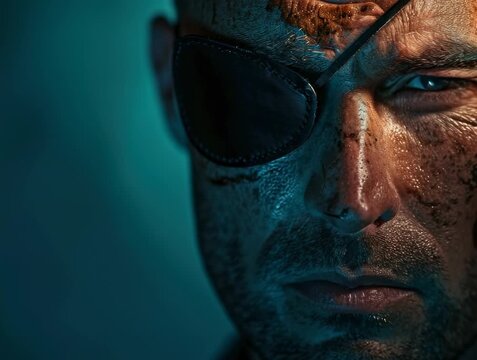 Intense close-up of a warrior with an eye patch and battle scars in a dramatic blue light setting