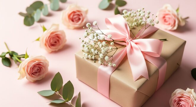 Gift box with ribbon and roses