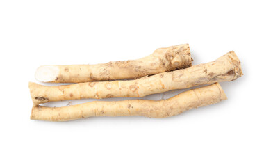 Fresh raw horseradish roots isolated on white, top view