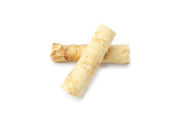 Fototapeta premium Fresh raw horseradish roots isolated on white, top view