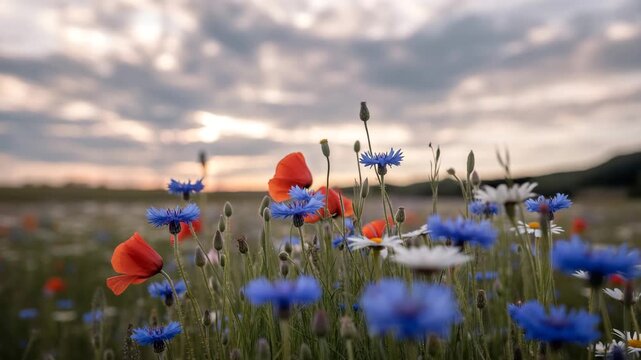 Vibrant red poppies and blue cornflowers blooming in a lush green meadow under a dramatic evening sky
