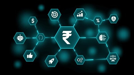 Indian Rupee cryptocurrency network with interconnected digital icons representing finance and technology on a dark background Keywords: Indian Rupee, currency, cryptocurrency, network, digital - Powered by Adobe