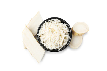 Grated horseradish and cut root isolated on white, top view