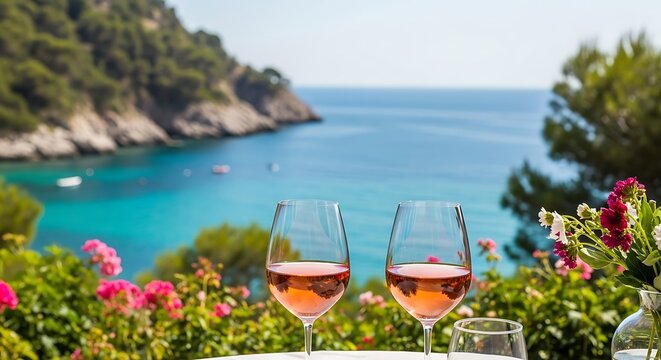Two glasses of rose wine are set against a stunning coastal backdrop with turquoise water and lush green cliffs, perfect for a romantic getaway