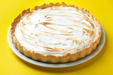 Tasty lemon meringue tart on yellow background, closeup