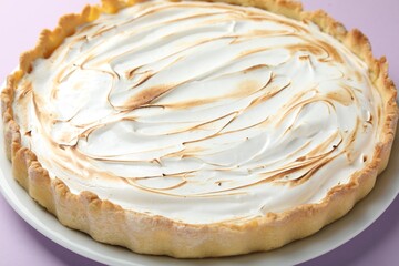 Tasty lemon meringue tart on lilac background, closeup