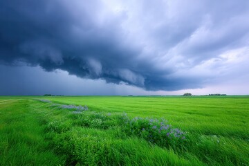 Dramatic Cloudscape over Meadow: A breathtaking vista unfolds as dark, ominous storm clouds gather over a vibrant green meadow, creating a striking contrast of nature's beauty and power.