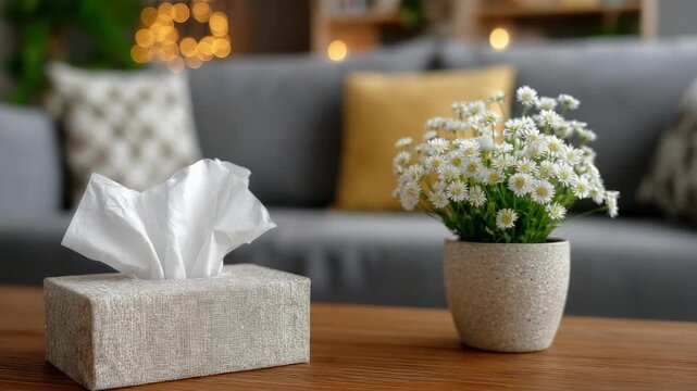 Relaxing home decor with tissue box and flowers on a wooden table near a cozy couch